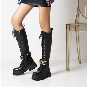 👢Knee High Boots Round Toe Mid Calf Chunky Heel Boot with Chains👢